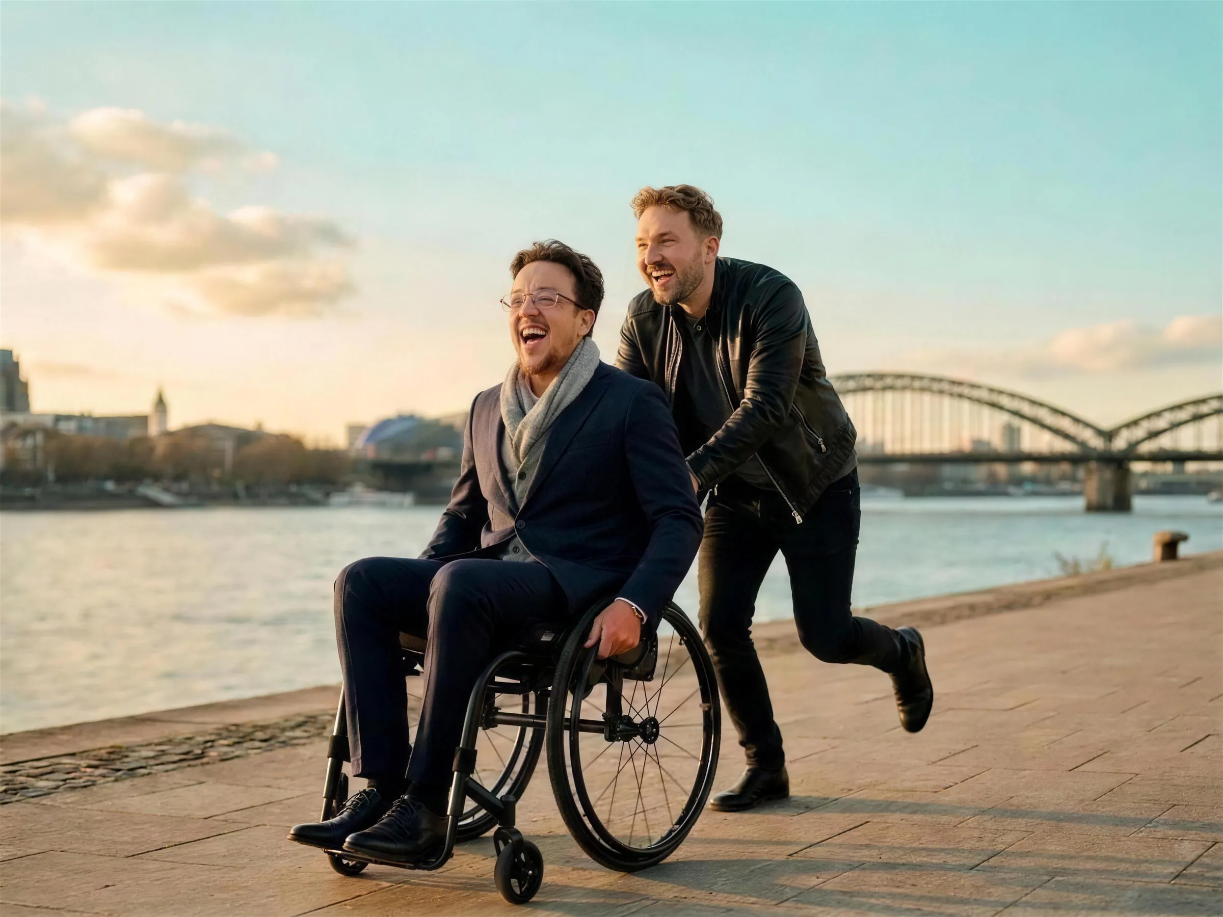 Jaco und Marco lachen gemeinsam an der Rheinpromenade in Köln: Jaco sitzt im Rollstuhl, Marco schiebt ihn schwungvoll an